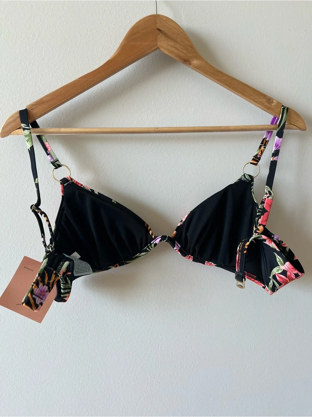 Shade & Shore Women’s Black Underwire Floral Bikini Top 36B NWT Ring Detail